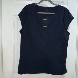 Ann Taylor navy blue cap sleeve top Sz XL goldtone front detail side zip